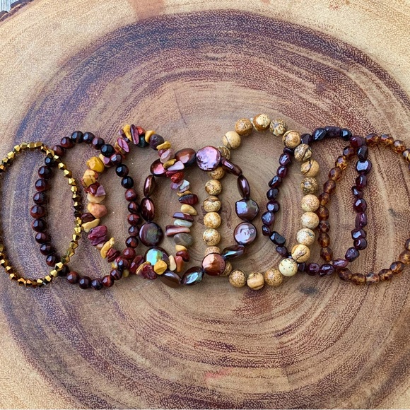 Natural Dark Red Garnet & Gold Jasper Mookaite Mix Gemstone Bead Bracelet Stack - Picture 5 of 11